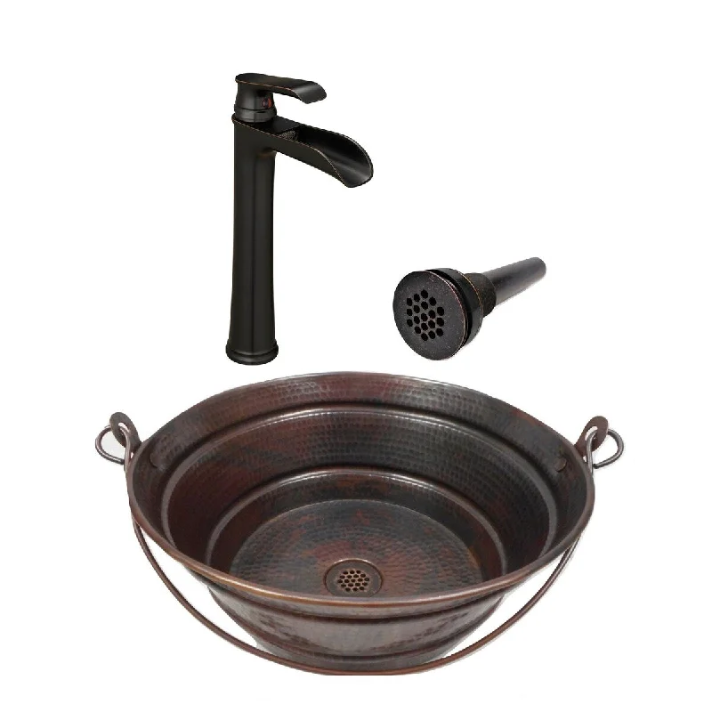 13" Round Copper Vessel BUCKET Bath Sink with 11" Faucet & Drain - 13" x 13" x 5.5"