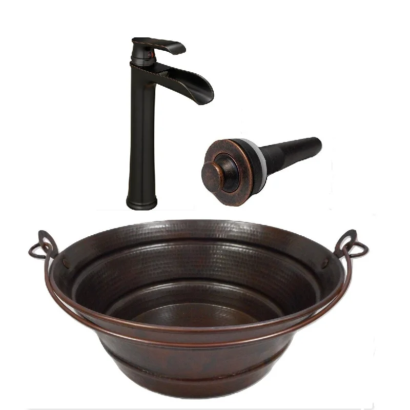 13" Rustic Round Copper Vessel Bucket Bathroom Sink with 11" Faucet & LT Drain - 13" x 13" x 5.5"