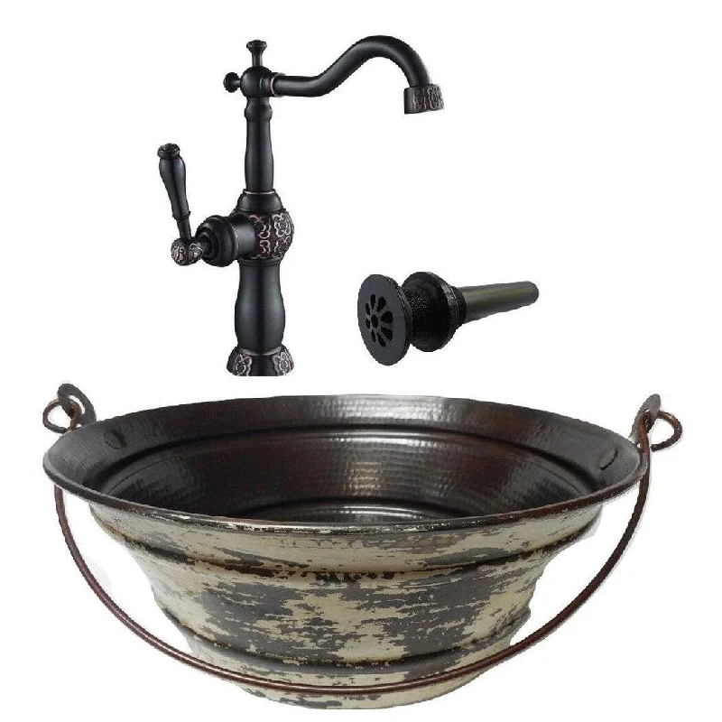 15" Round Copper Bucket Vessel Bath Sink with White Destressed Exterior, Faucet & Drain Included - 15" x 15" x 6"