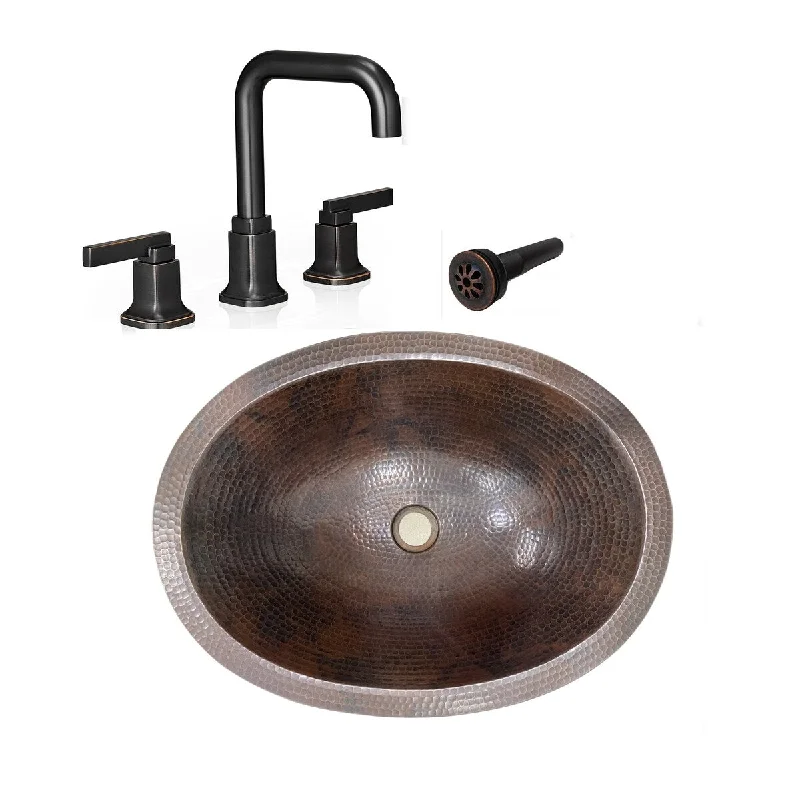 16" Oval Copper Bathroom Sink Hand Hammered with Matching Gooseneck Faucet & Drain - 16" x 12" x 5"