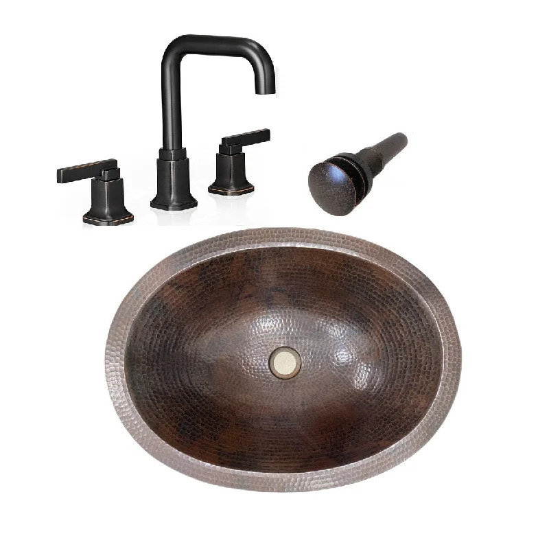 16" Rustic Copper Bath Sink with Matching Faucet & Drain Kit - 16" x 14" x 5"