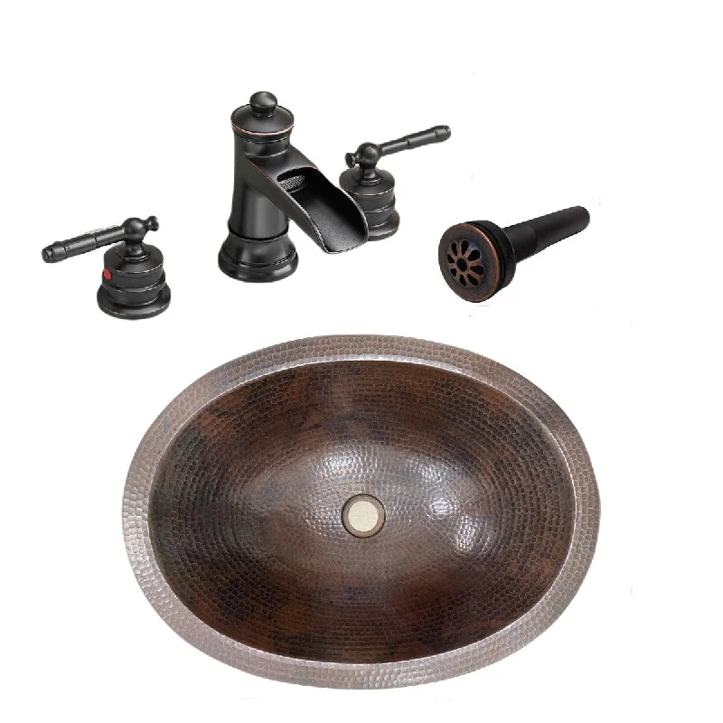 16" Rustic Oval Copper Bathroom Sink with Faucet & Drain COMBO KIT - 16" X 12" X 5"