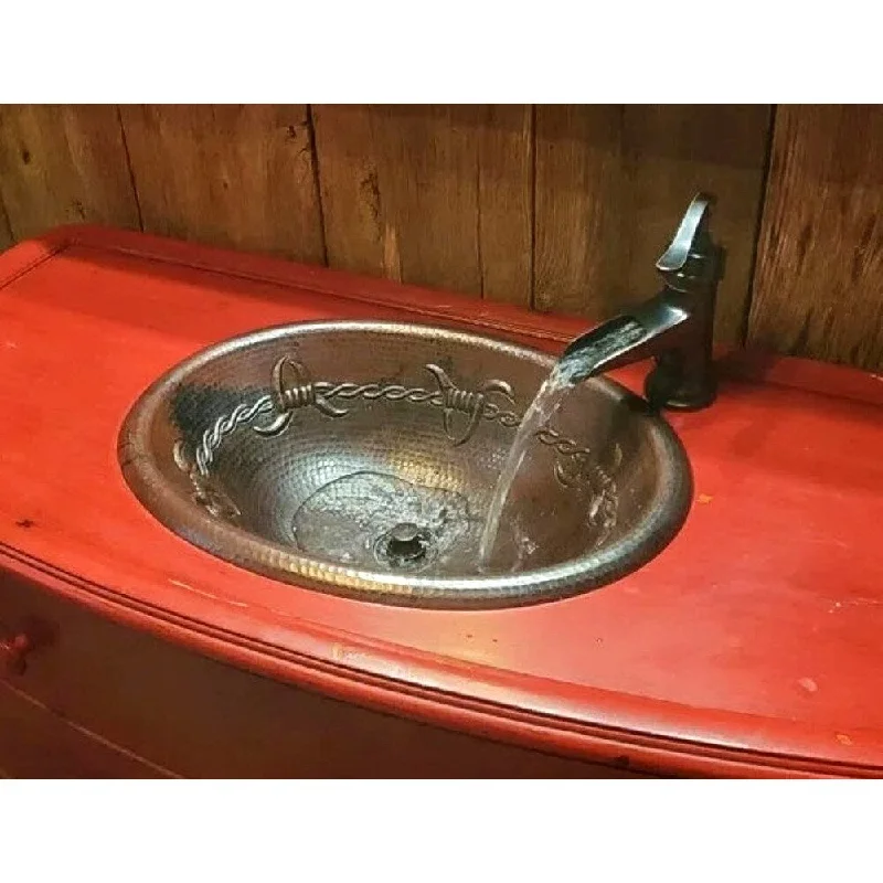 19" Oval Copper Bath Sink Barbed Wire Design with 7" Faucet & Drain - 19" x 14" x 5"