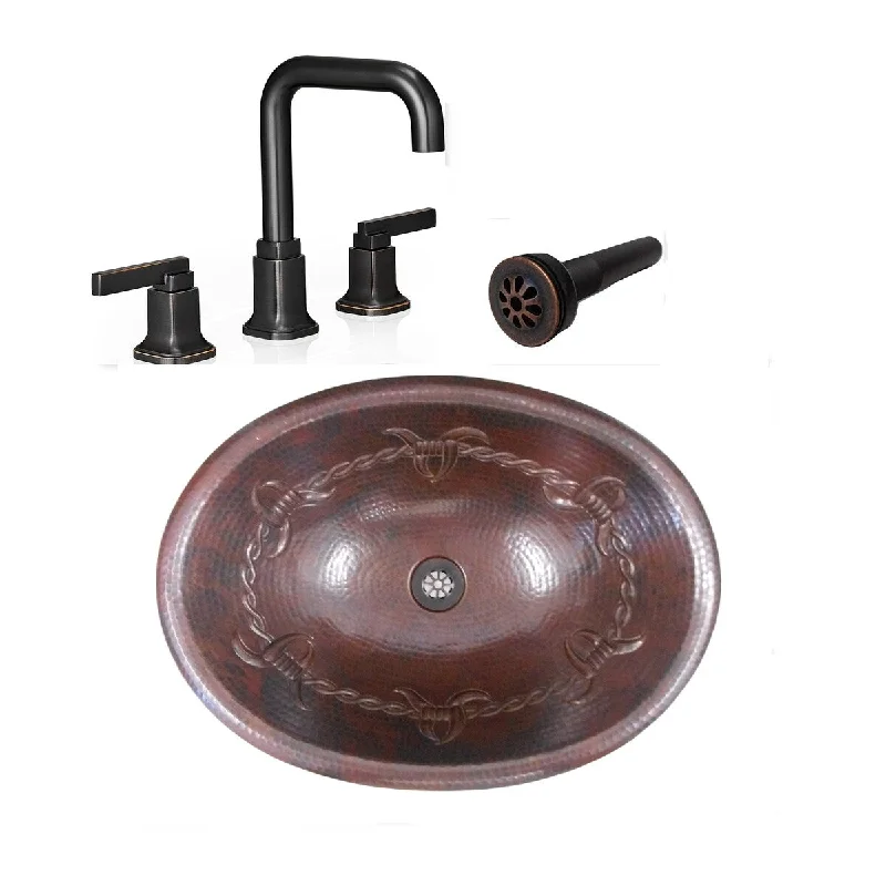 19" Oval Copper Bath Sink Barbed Wire Design with Faucet & Drain - 19" x 14" x 5"