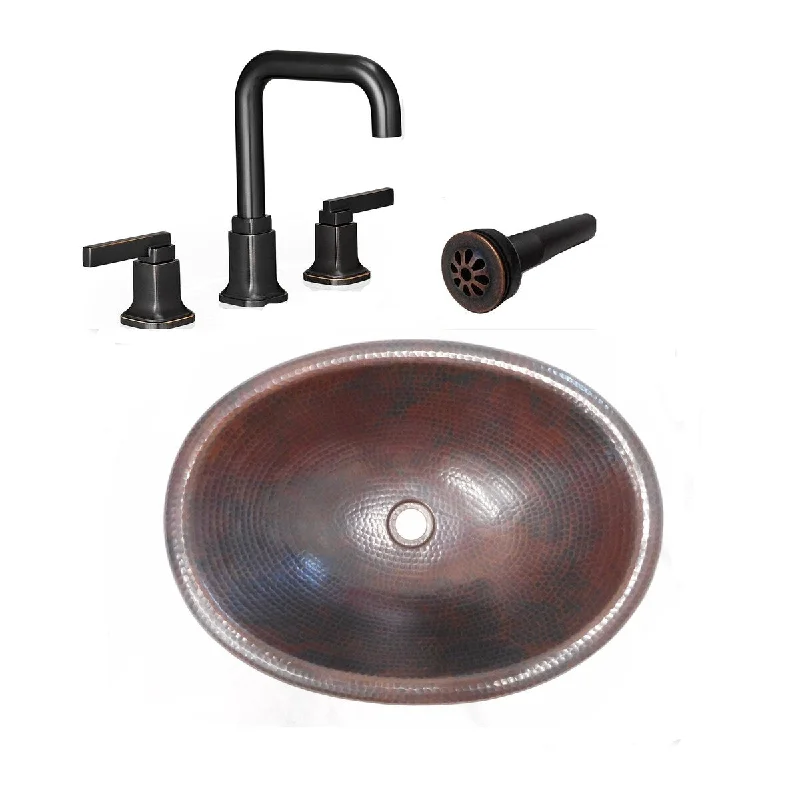 19" Oval Copper Bath Sink Drop In with Gooseneck Faucet & Drain - 19" x 14" x 5"