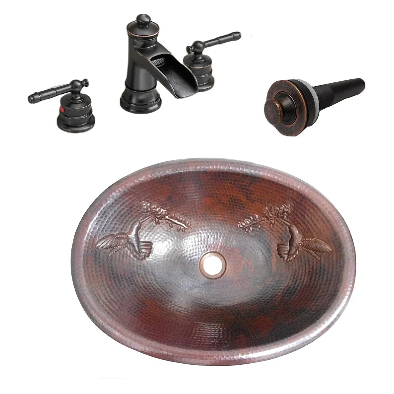 19" Oval Copper Bath Sink with Hummingbird Design, Includes Faucet & Drain - 19' x 14" x 5"