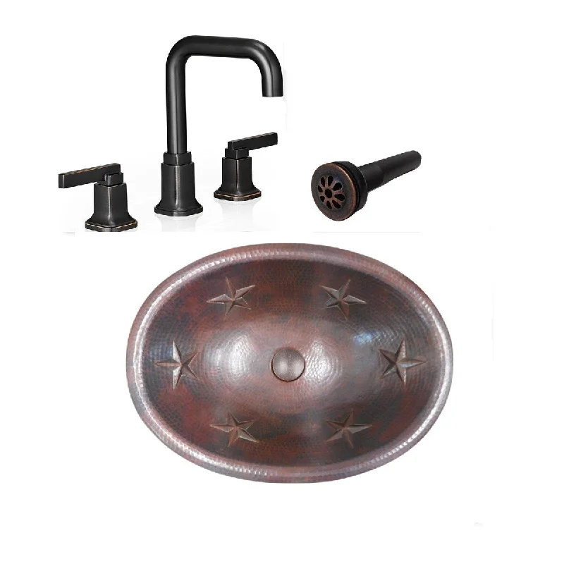 19" Oval Copper Bath Sink with STARS Design, Goose Neck Faucet & Drain Included - 19" x 14" x 5"