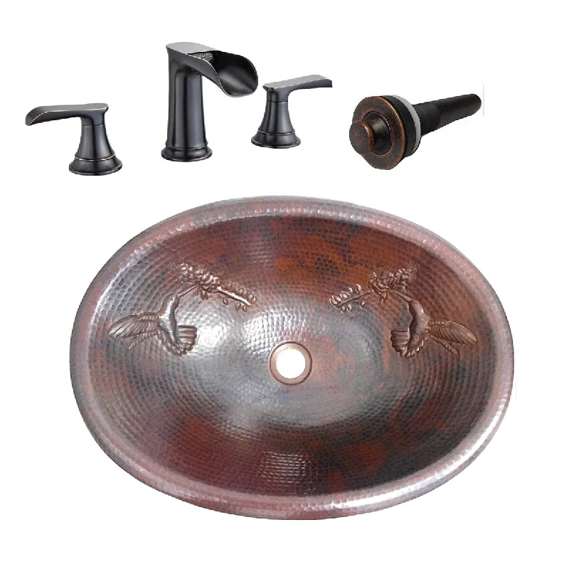 19" Oval Copper Bathroom Sink with Hummingbird Design, Included Matching Faucet & Drain - 19' x 14" x 5"