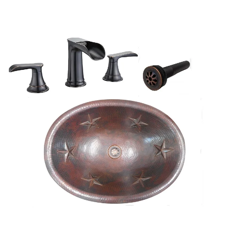 19" Oval Copper Bathroom Sink with STARS Design, Faucet & Drain Included - 19' x 14" x 5"