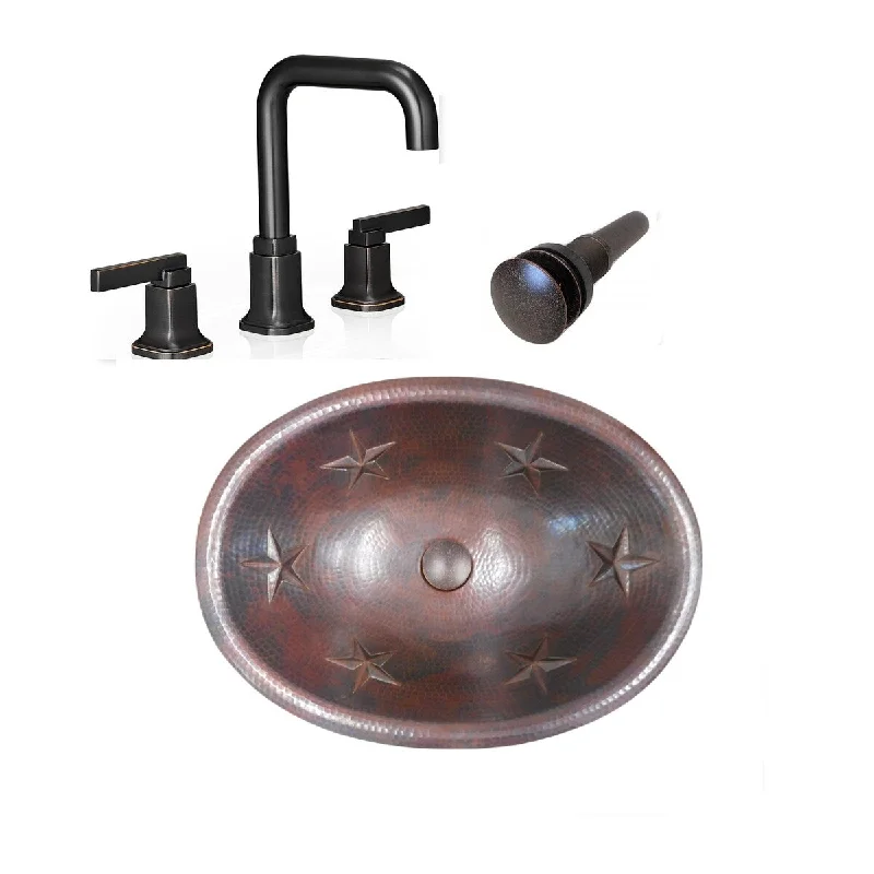 19" Oval Copper Bathroom Sink with STARS Design, Matching Faucet & Drain Included - 19" x 14" x 5"