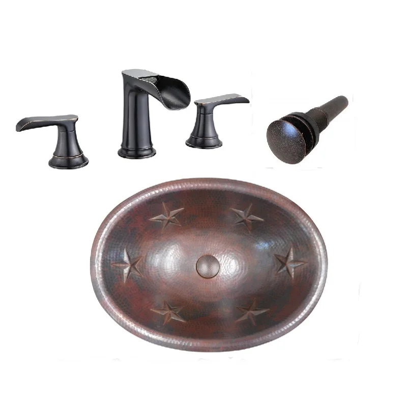 19" Oval Rustic Copper Bath Sink with STARS Design, Matching Faucet & Drain Included - 19" x 14" x 5"