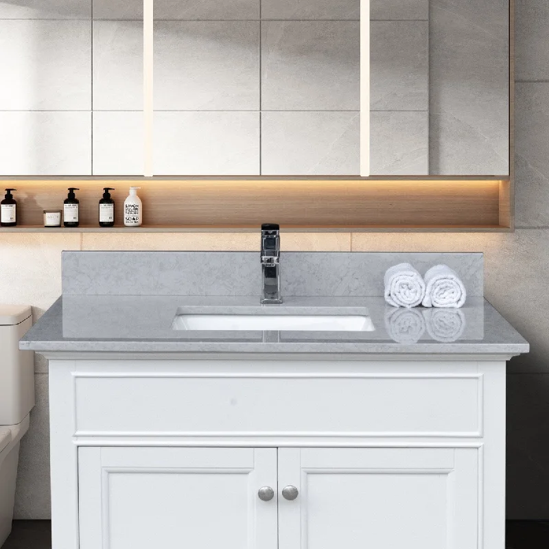 31 inches bathroom stone vanity top calacatta engineered marble color with ceramic sink and single faucet hole with backsplash