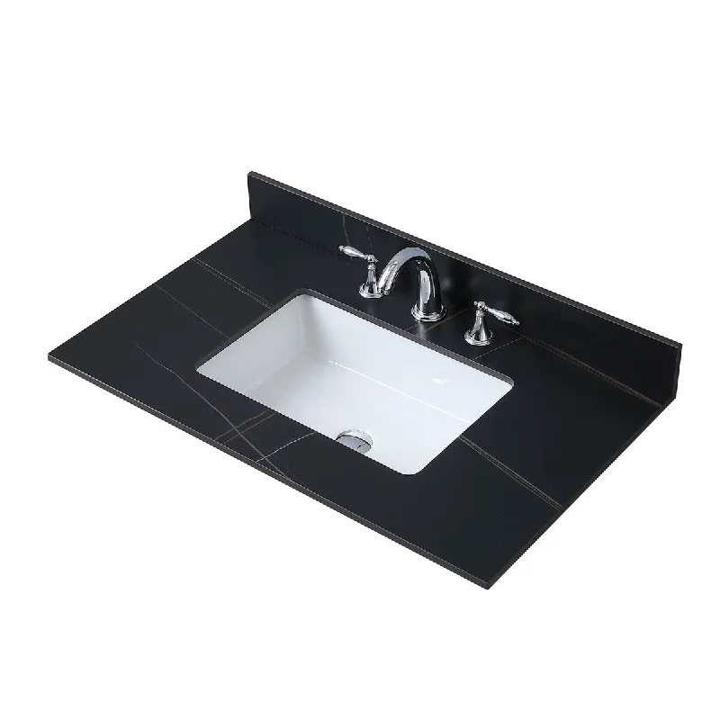 37inch bathroom stone vanity top black gold color with undermount ceramic sink and three faucet hole with backsplash