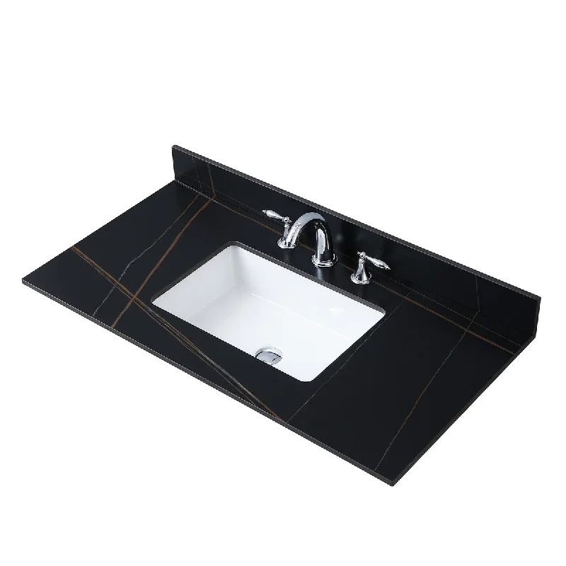 43inch bathroom stone vanity top black gold color with undermount ceramic sink and three faucet hole with backsplash