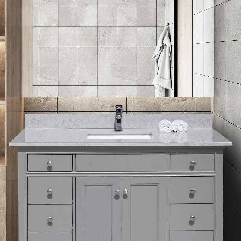 49" Gray undermount ceramic sink bathroom vanity top with back splash, single faucet hole