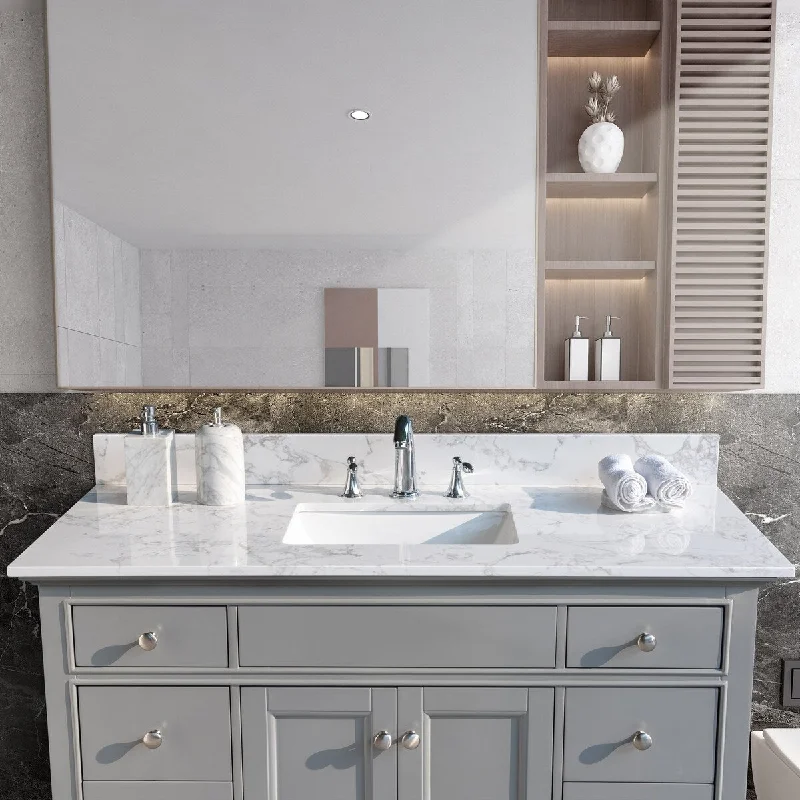 49x22 inch bathroom stone vanity top white marble with rectangle undermount ceramic sink and 3 faucet hole with back splash