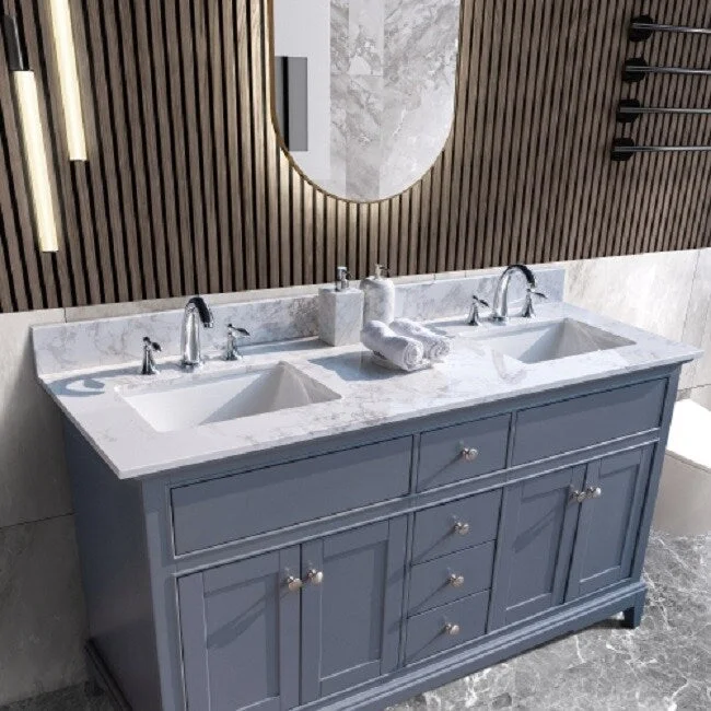 61‘’x22" bathroom vanity top carrara marble color with rectangle undermount ceramic sink and 3 faucet hole with back splash