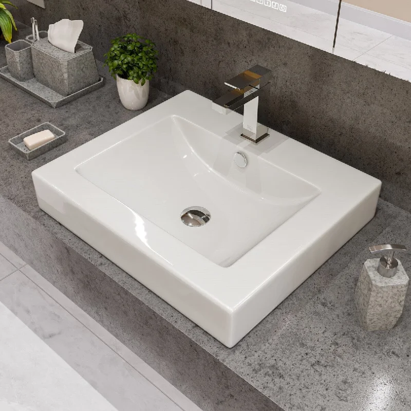 ALFI brand White 24" Rectangular Semi Recessed Ceramic Sink with Faucet Hole