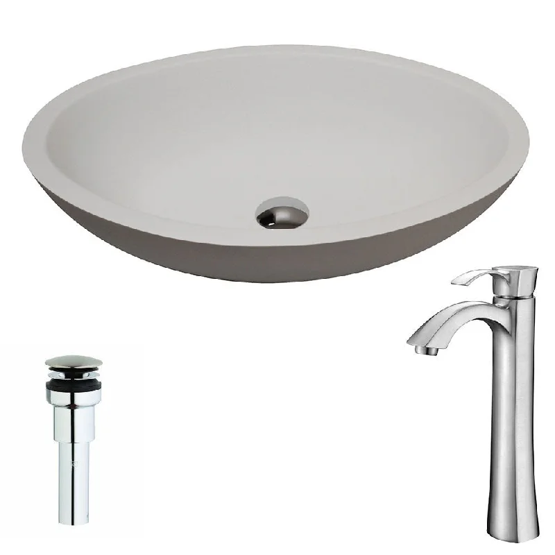 Anzzi Maine Series 1-piece Man Made Stone Vessel Sink in Matte White with Harmony Faucet in Brushed Nickel