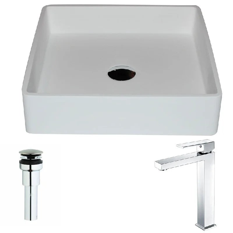 Anzzi Passage Series 1-piece Man Made Stone Vessel Sink in Matte White with Enti Faucet in Polished Chrome