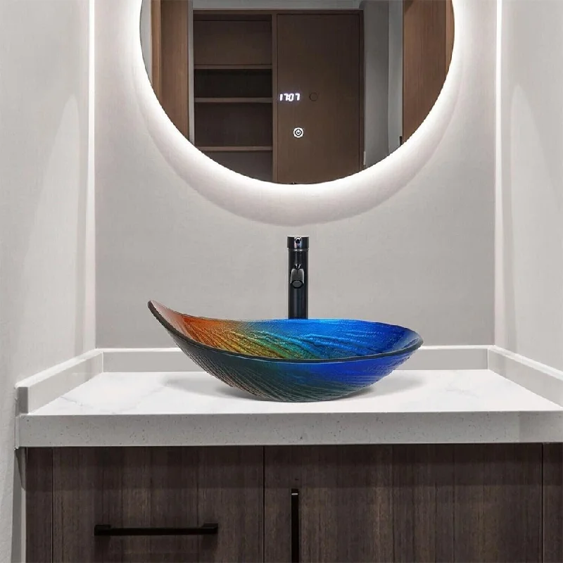 Bathroom Sink Multicolor Tempered Glass Vessel Sink Bowl with Faucet - 14" x 5"