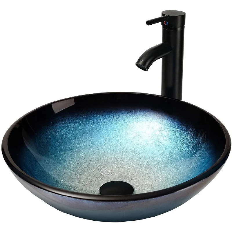 Blue Bathroom Vessel Sink Tempered Glass with Oil Rubber Bronze Faucet and Pop up drain Combo - 16.5*16.5*5.3