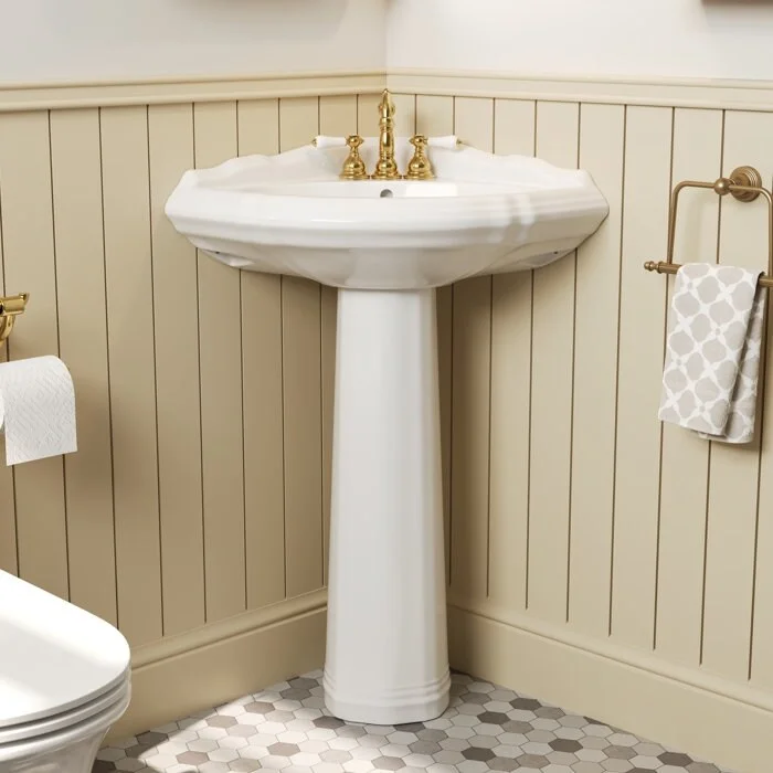 DeerValley 20" White Ceramic Corner Pedestal Sink with 3 Centerset Faucet Holes and Overflow