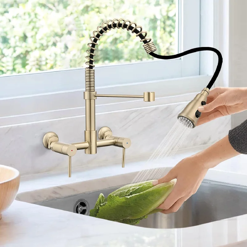 Dornberg Wall Mount Kitchen Faucet with Sprayer - Brushed Golden - $100