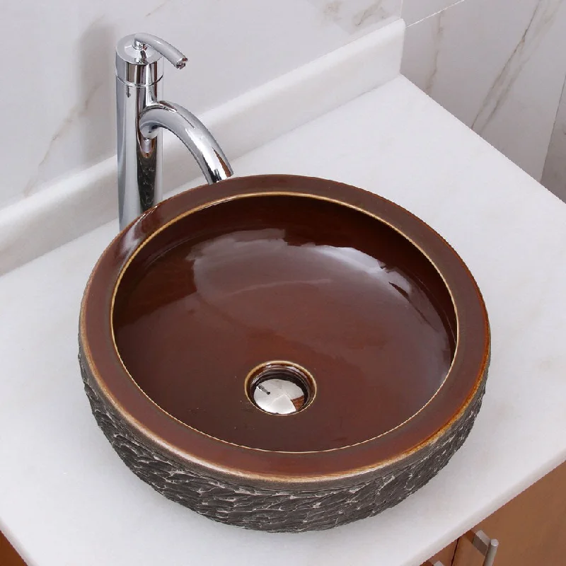 ELIMAX'S 2002+882002 Natural Rock and Bronze Glaze Pattern Porcelain Ceramic Bathroom Vessel Sink With Faucet Combo