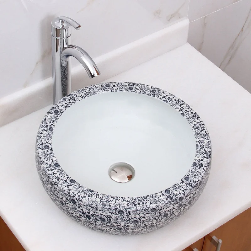 ELIMAX'S 2003+882002 Chrysanthemum Blue and White Porcelain Ceramic Bathroom Vessel Sink With Faucet Combo