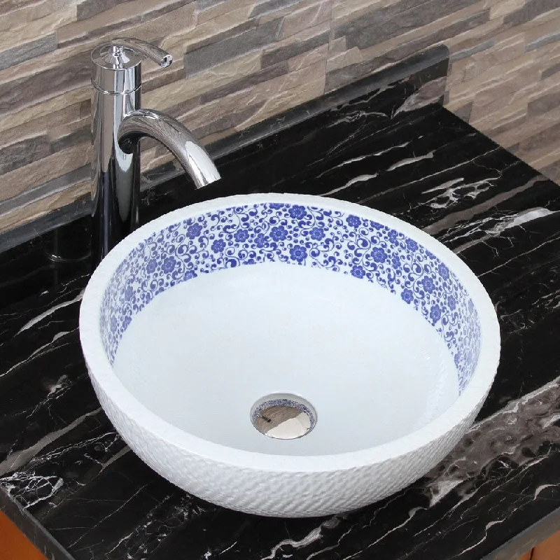 Elimax's 2010+882002 Chrysanthemum Blue and White Porcelain Ceramic Bathroom Vessel Sink with Faucet Combo