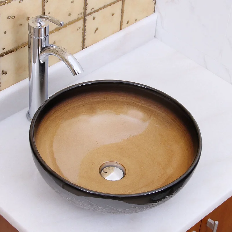 Elimax's 2022+882002 Ocher and Black Glaze Porcelain Ceramic Bathroom Vessel Sink with Faucet Comb