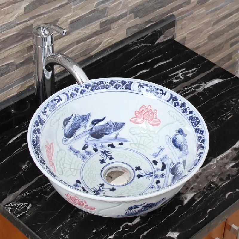 Elimax's 2023+882002 Lovebirds Blue and White Porcelain Ceramic Bathroom Vessel Sink with Faucet Combo