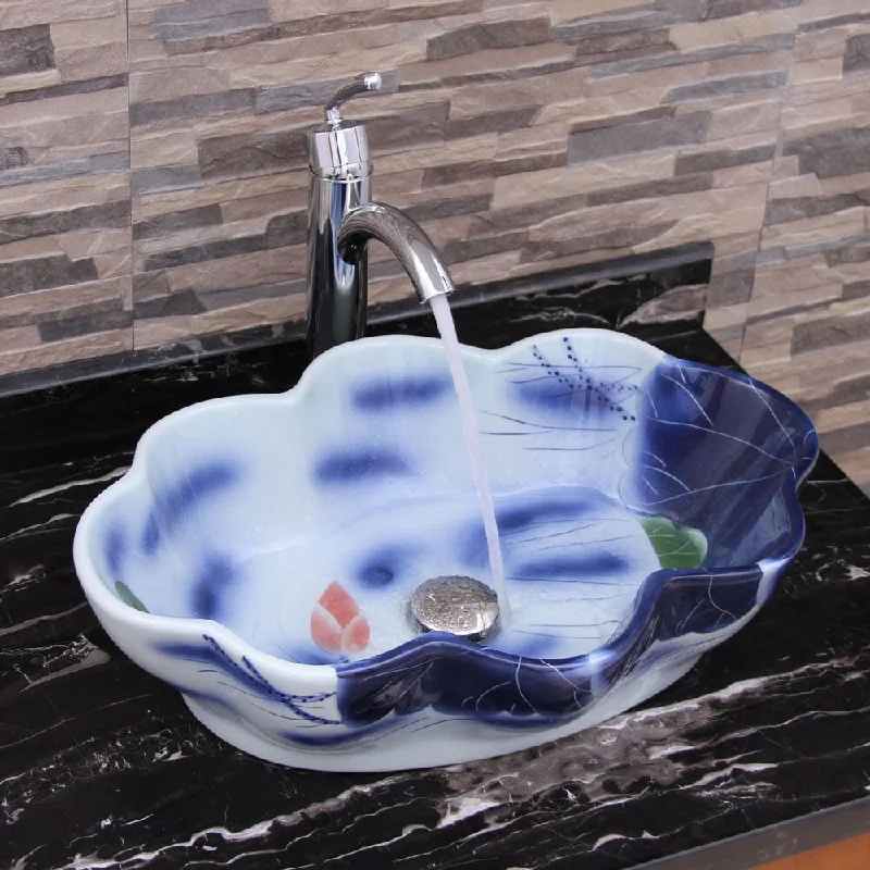 Elimax's 2031+882002 Lotus Shape Blue and White Porcelain Ceramic Bathroom Vessel Sink with Faucet Combo