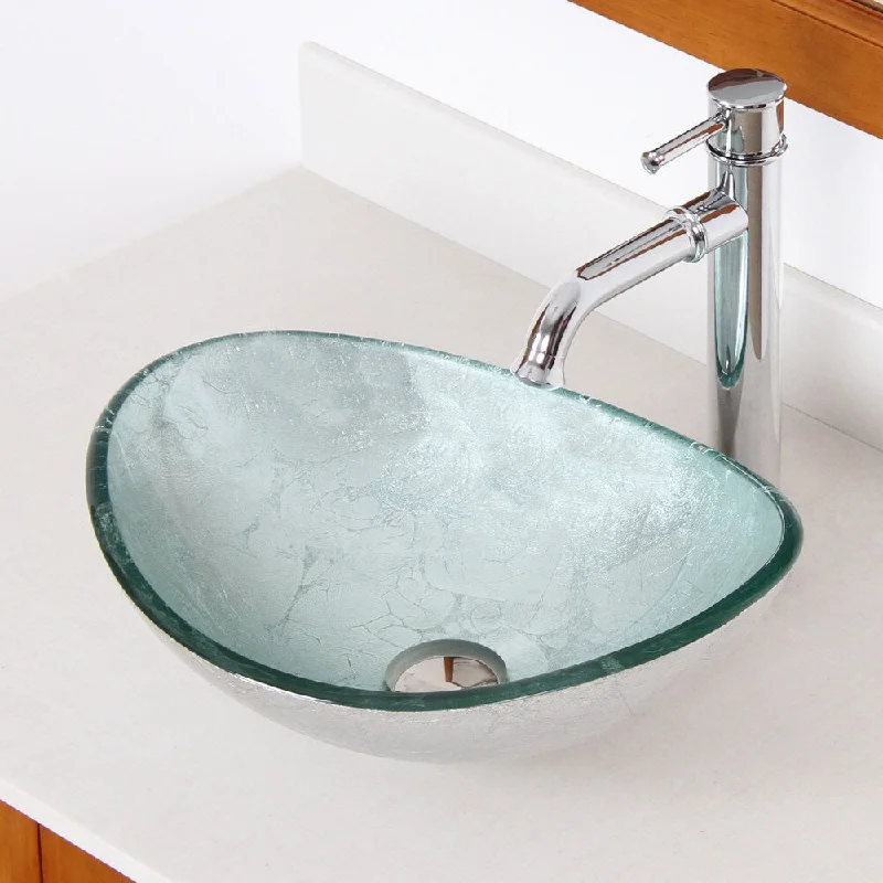 Elite 1412+F371067 Unique Oval Artistic Silver Tempered Glass Bathroom Vessel Sink With Faucet Combo