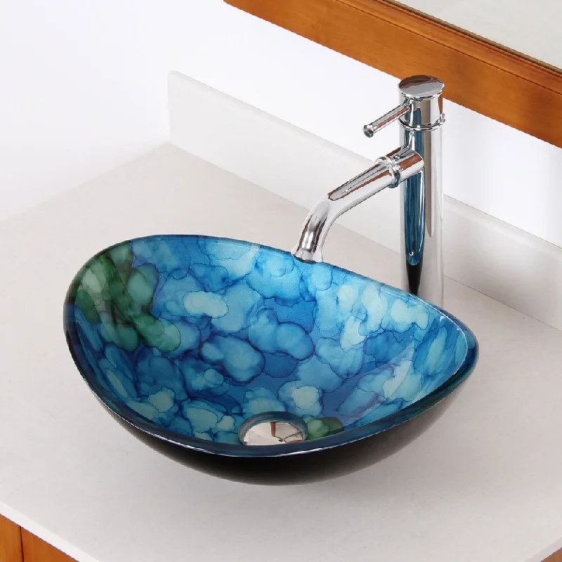 Elite 1413/ F371067 Unique Oval Cloud Style Tempered Glass Bathroom Vessel Sink with Faucet Combo