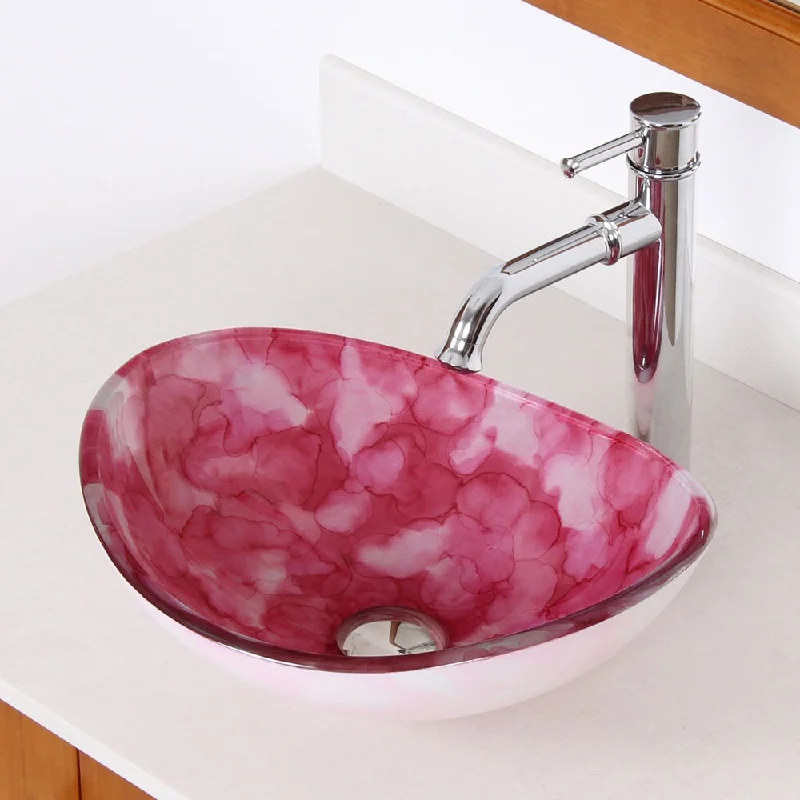 Elite 1414/ F371067 Unique Oval Cloud Style Tempered Glass Bathroom Vessel Sink with Faucet Combo