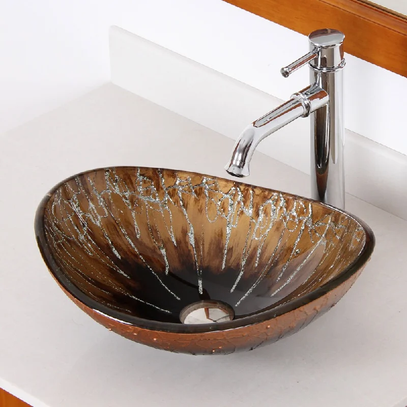 Elite 1415/ F371067 Unique Oval Artistic Bronze Tempered Glass Bathroom Vessel Sink with Faucet Combo