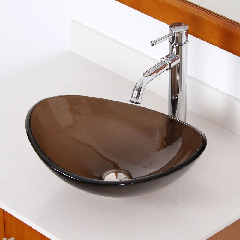 Elite 1417/ F371067 Unique Oval Transparent Brown Tempered Glass Bathroom Vessel Sink with Faucet Com