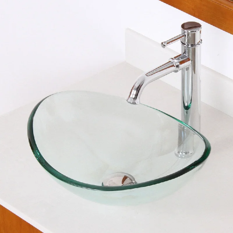 Elite 1418+F371067 Unique Oval Transparent Tempered Glass Bathroom Vessel Sink With Faucet Combo