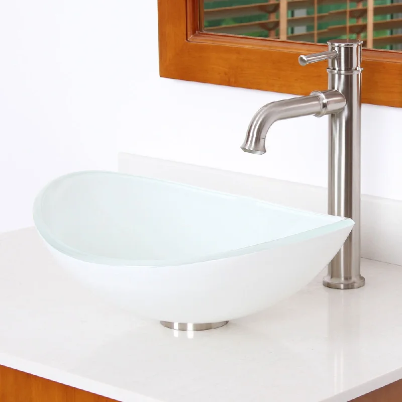 Elite 1420/ F371067 White Oval Tempered Glass Bathroom Vessel Sink with Faucet Combo