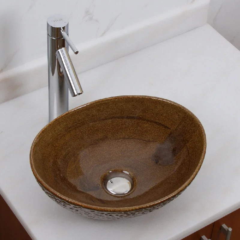 Elite 1551 2659 Oval Coffee Brown Glaze Porcelain Ceramic Bathroom Vessel Sink With Faucet Combo