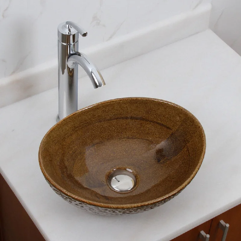 Elite 1551 882002 Oval Coffee Brown Glaze Porcelain Ceramic Bathroom Vessel Sink With Faucet Combo