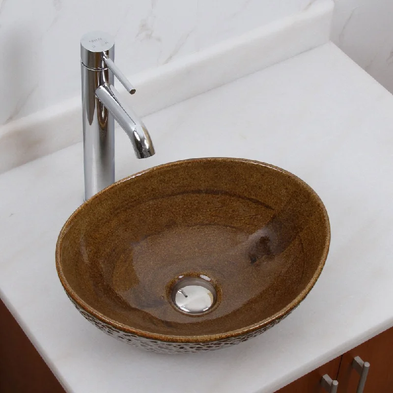 Elite 1551 F371023 Oval Coffee Brown Glaze Porcelain Ceramic Bathroom Vessel Sink With Faucet Combo