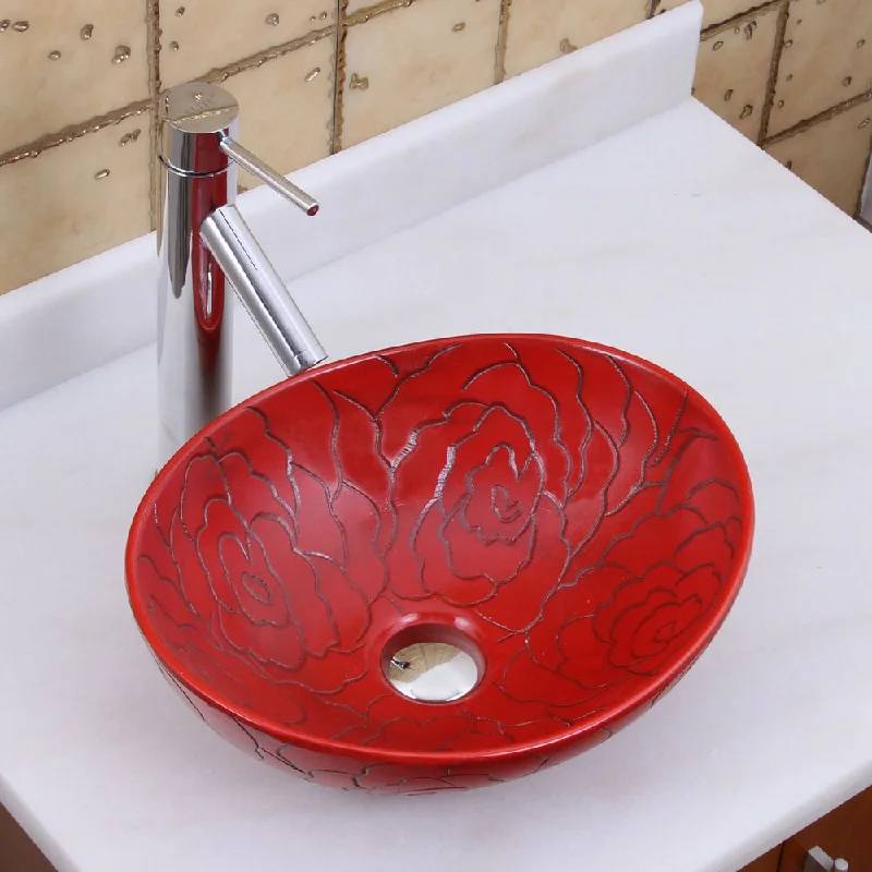 Elite 1557+2659 Oval Red Rose Porcelain Ceramic Bathroom Vessel Sink with Faucet Combo