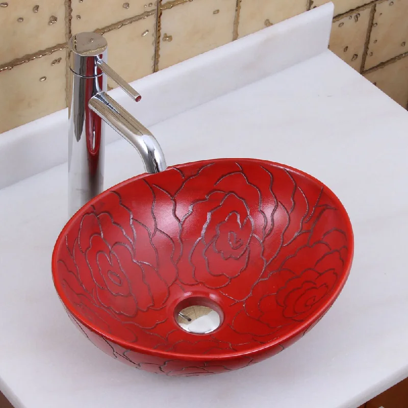 Elite 1557+F371023 Oval Red Rose Porcelain Ceramic Bathroom Vessel Sink with Faucet Combo