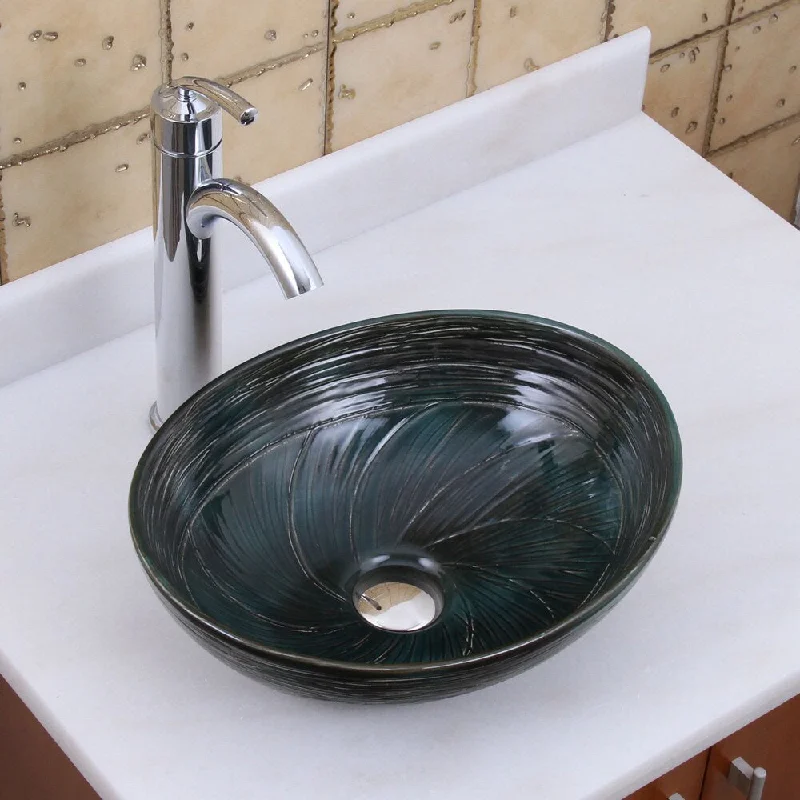 Elite 1559 882002 Oval Dark Green Glaze Porcelain Ceramic Bathroom Vessel Sink With Faucet Combo