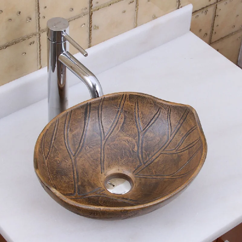 Elite 1562 F371023 Oval Matt Glaze Autumn Leave Style Porcelain Ceramic Bathroom Vessel Sink with Faucet Combo