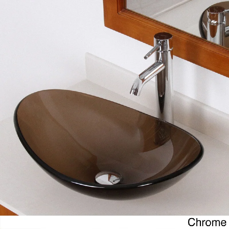 Elite 7007F371023 Oval Design Tempered Glass Bathroom Vessel Sink With Faucet Combo