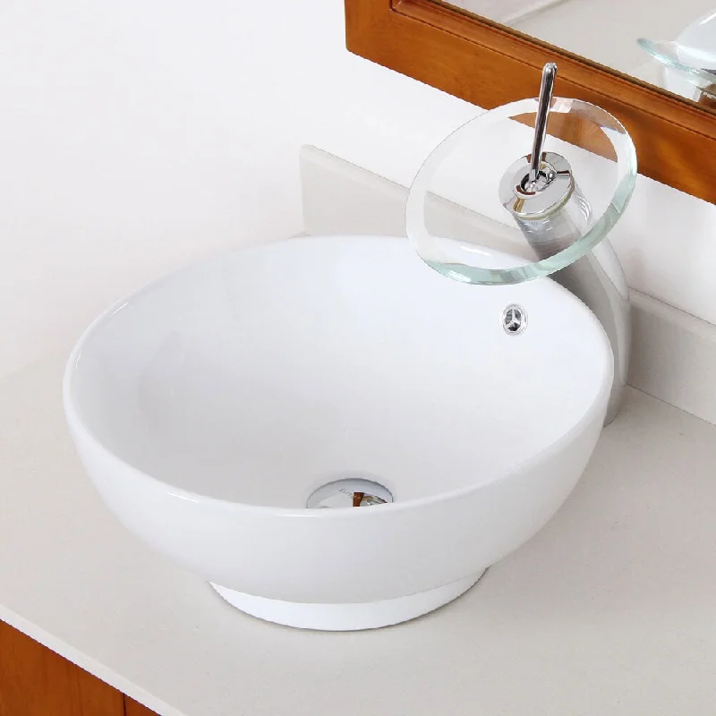 Elite 9851F22TC High Temperature Grade A Ceramic Bathroom Sink With Unique Round Design and Chrome Finish Waterfall Faucet Combo